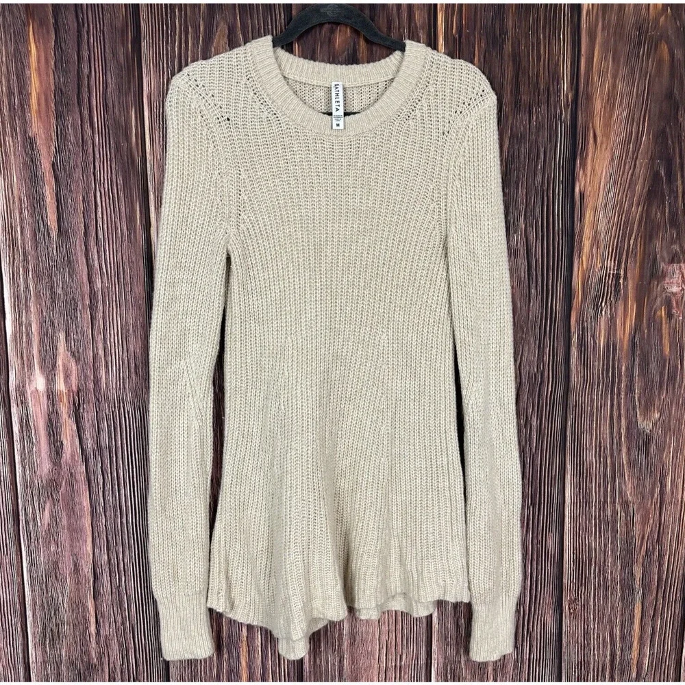 Athleta Womens Sierra Crew Neck Tunic Sweater Wool Blend Ivory Beige Size Medium